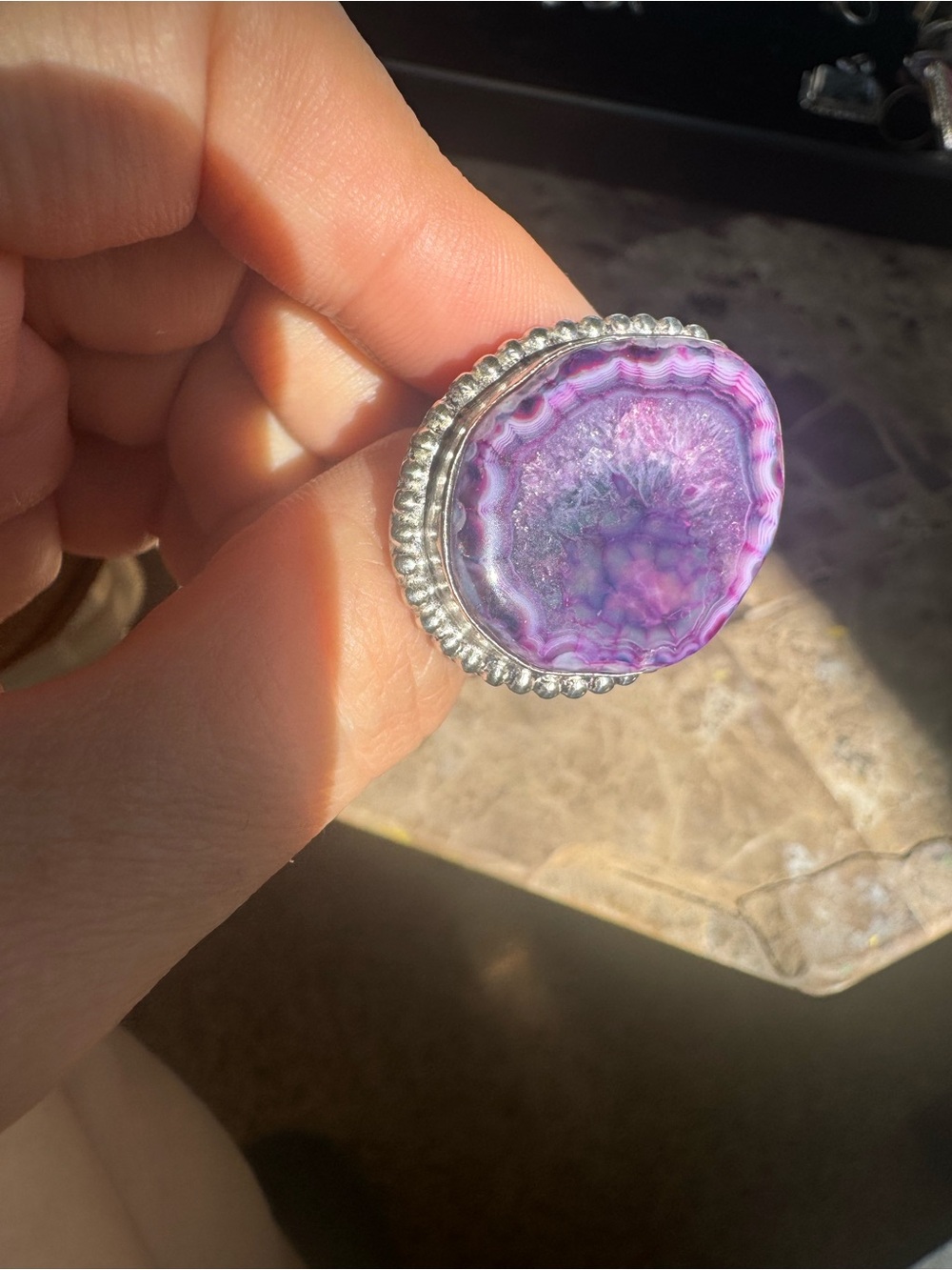 Purple Dragon Vein Agate Ring Size 8.5 Druzy Statement Ring 925 Sterling Silver - Picture 6 of 7
